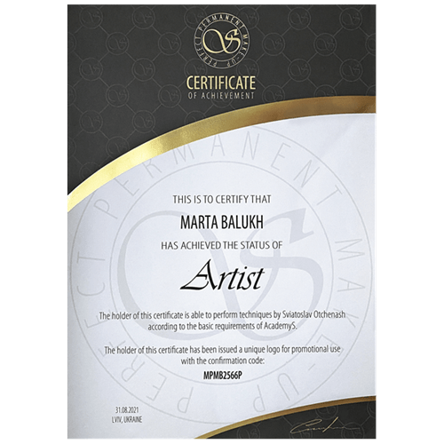 сертифікат СТАТУС ''ARTIST'' SVIATO ACADEMY-2021р.