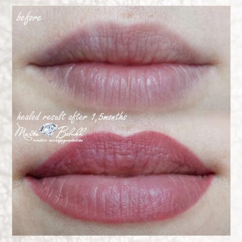 заживший перманентний макіяж (татуаж) губ. акварельна техніка baby lips. губки до процедури і після загоєння.